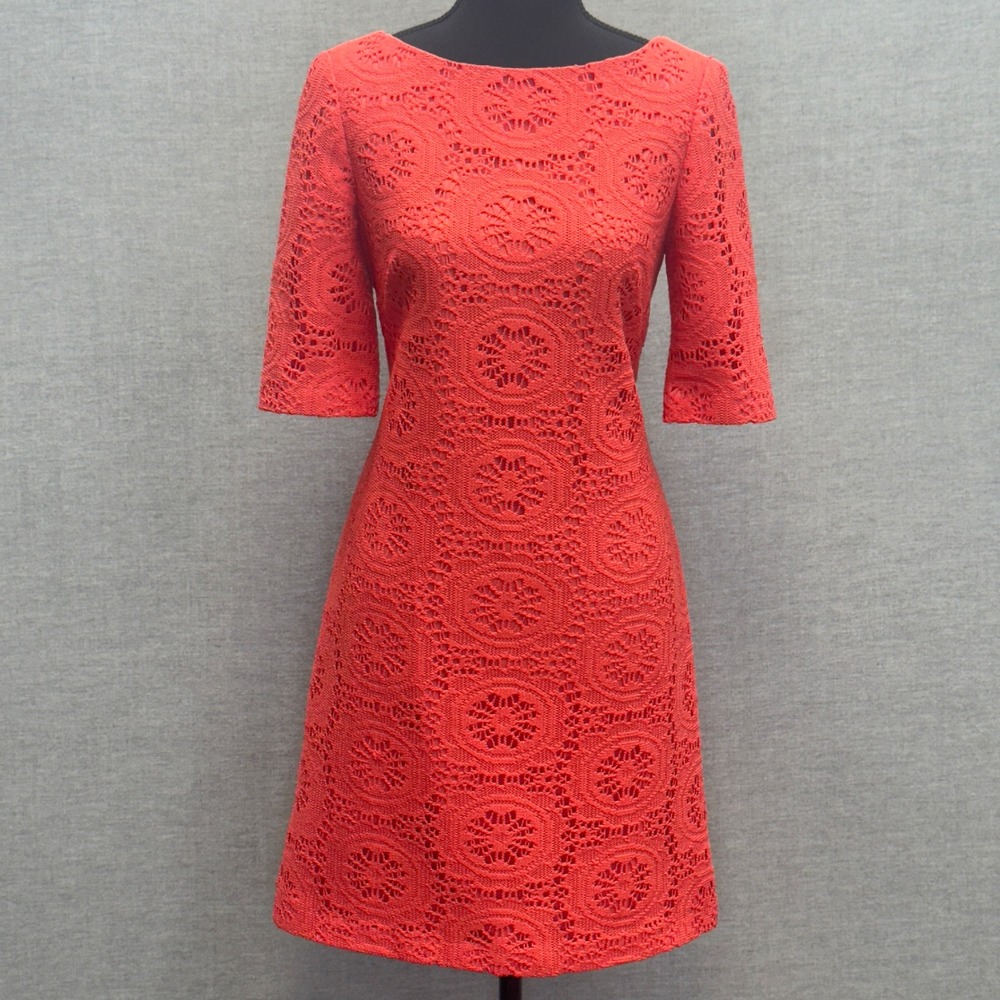 Adrianna Papell Coral Lace Sheath Dress 3/4 Sleeve Boat Neck Back Zip Size 6‎